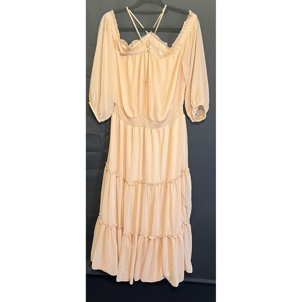 1. STATE Dress Womens XL Beige Autumnal Tones Off Shoulder Tiered Midi Chiffon - Picture 7 of 16